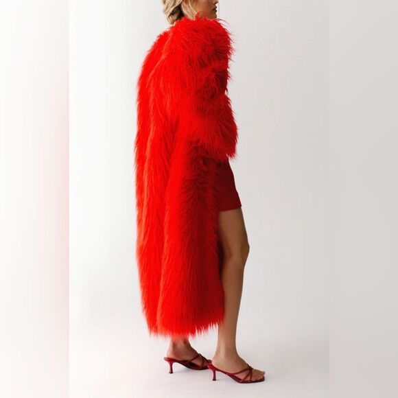 Nasty Gal Maxi Faux Mongolian Coat Red XS NWT IN PACKAGE - Picture 4 of 9